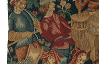 Antique tapestry wall hanging titled 'Le Pressage depicting wine pressing in XV Century Medieval times. French antiques