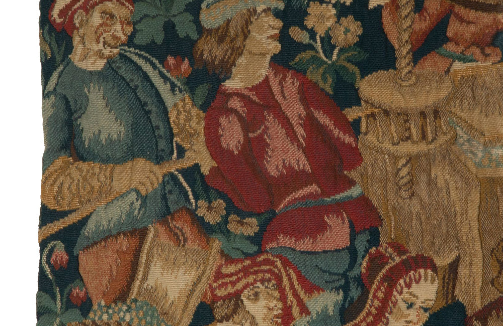 Antique tapestry wall hanging titled 'Le Pressage depicting wine pressing in XV Century Medieval times. French antiques