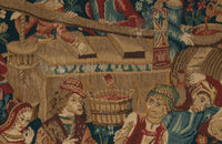 Antique tapestry wall hanging titled 'Le Pressage depicting wine pressing in XV Century Medieval times. French antiques