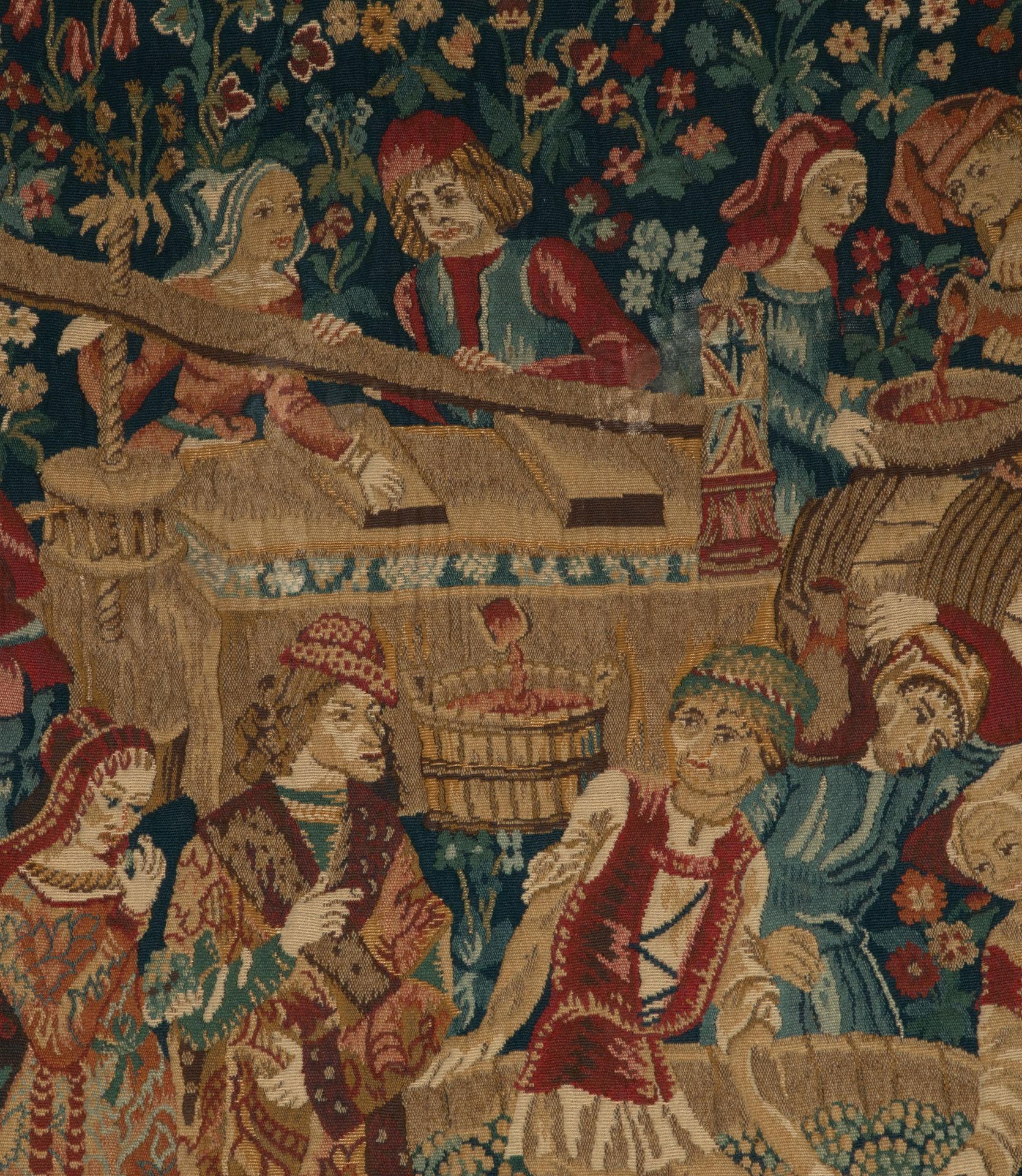 Antique tapestry wall hanging titled 'Le Pressage depicting wine pressing in XV Century Medieval times. French antiques