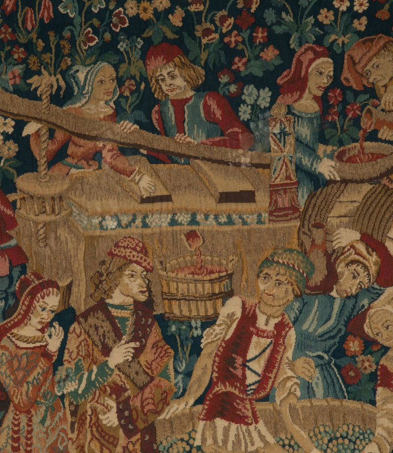 Antique tapestry wall hanging titled 'Le Pressage depicting wine pressing in XV Century Medieval times. French antiques