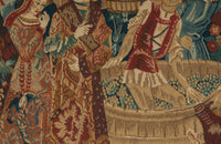 Antique tapestry wall hanging titled 'Le Pressage depicting wine pressing in XV Century Medieval times. French antiques