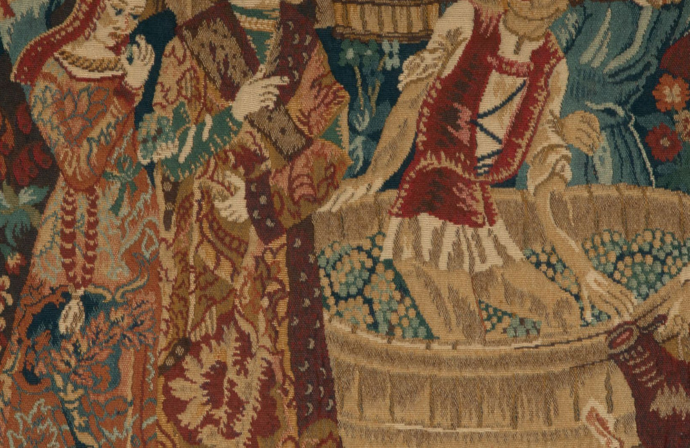 Antique tapestry wall hanging titled 'Le Pressage depicting wine pressing in XV Century Medieval times. French antiques