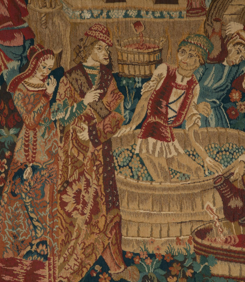Antique tapestry wall hanging titled 'Le Pressage depicting wine pressing in XV Century Medieval times. French antiques