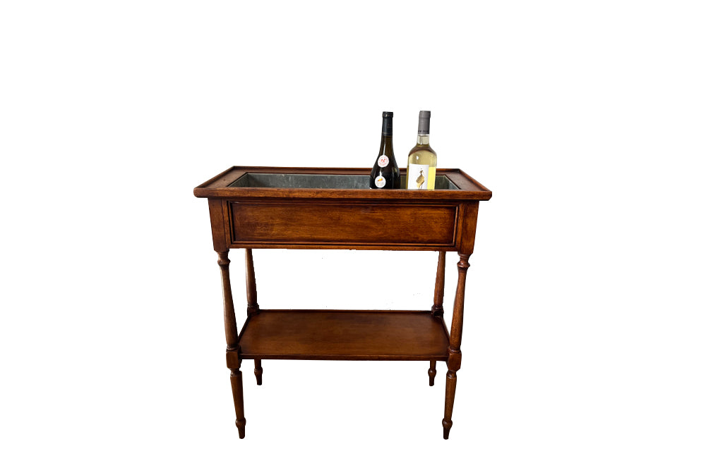 Elegant, Louis XVI Revival cherry wood jardiniere with zinc liner.