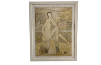 20th century oil on board painting of a female nude with still life