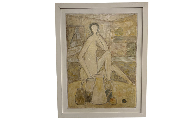 20th century oil on board painting of a female nude with still life