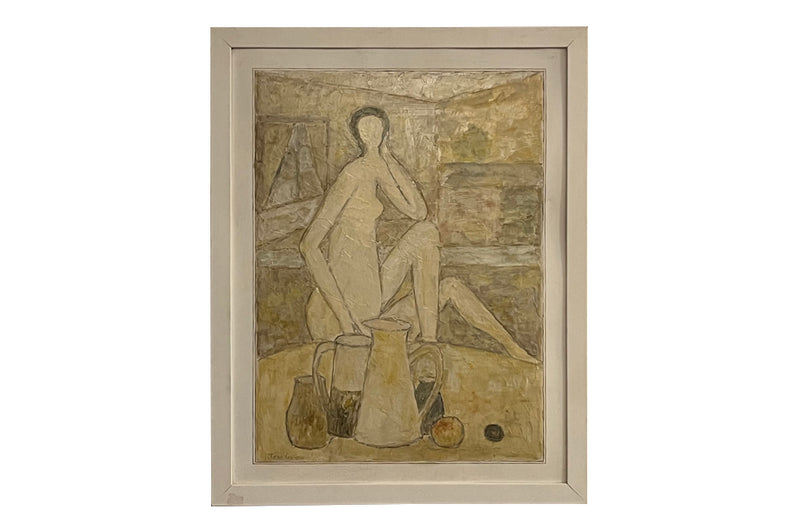 20th century oil on board painting of a female nude with still life