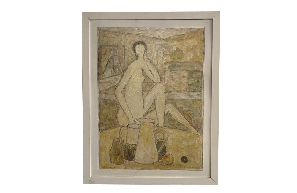 20th century oil on board painting of a female nude with still life