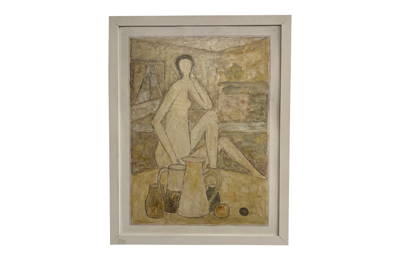 20th century oil on board painting of a female nude with still life