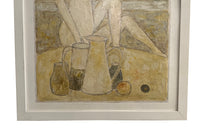 20th century oil on board painting of a female nude with still life