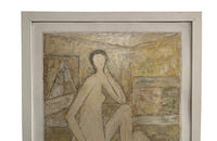 20th century oil on board painting of a female nude with still life