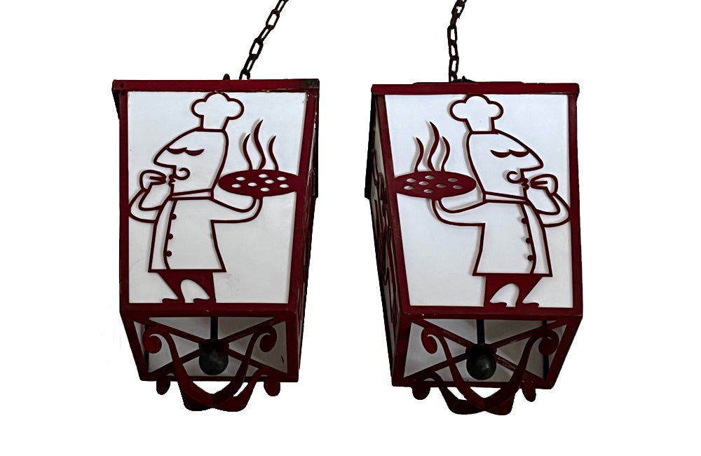 Pair of 20th century iron lanterns from an Italian restaurant.