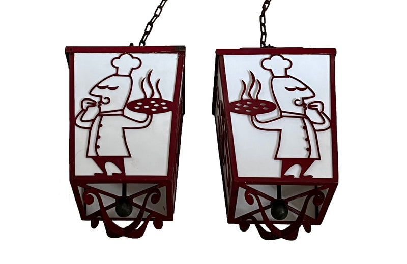 Pair of 20th century iron lanterns from an Italian restaurant.