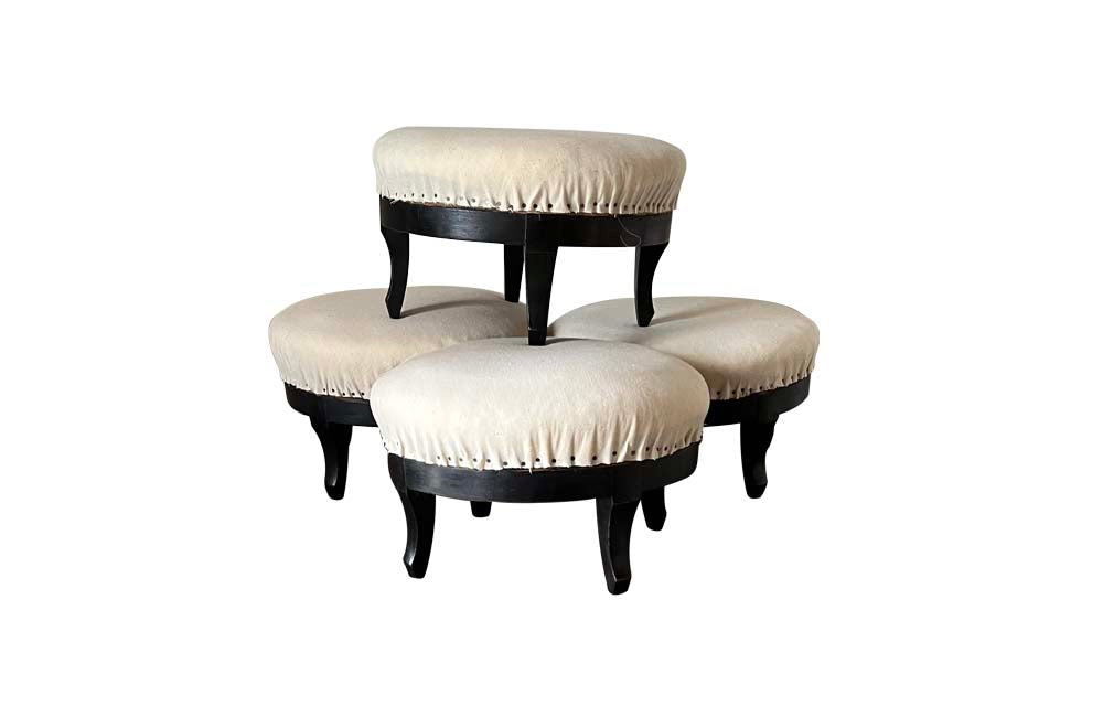 Antique Stools with ebonised feet Napoleon III antique linen upholstered tops