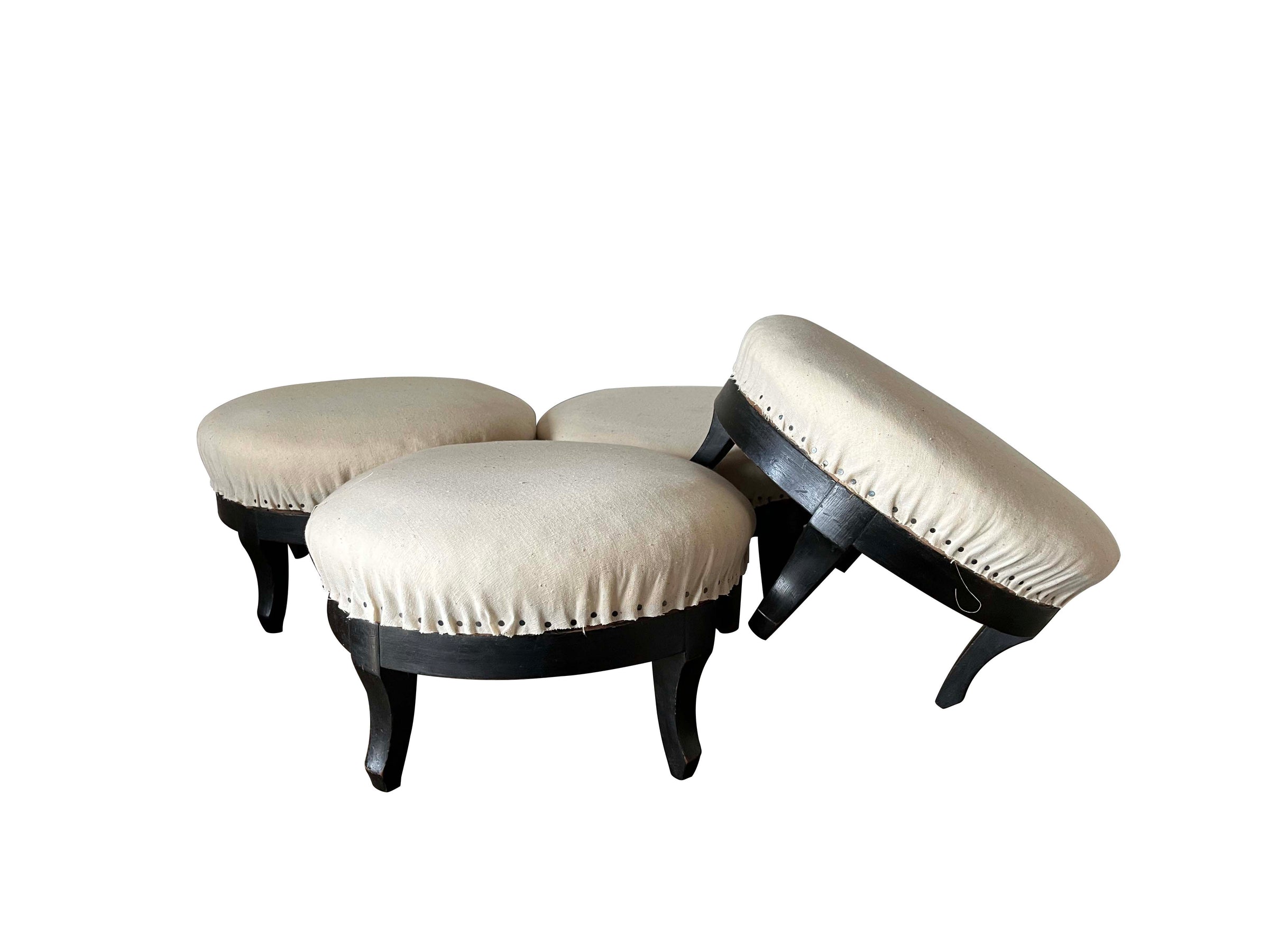 Antique Stools with ebonised feet Napoleon III antique linen upholstered tops