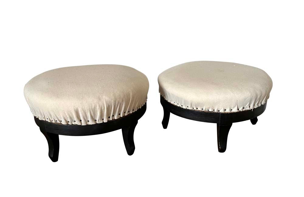Antique Stools with ebonised feet Napoleon III antique linen upholstered tops