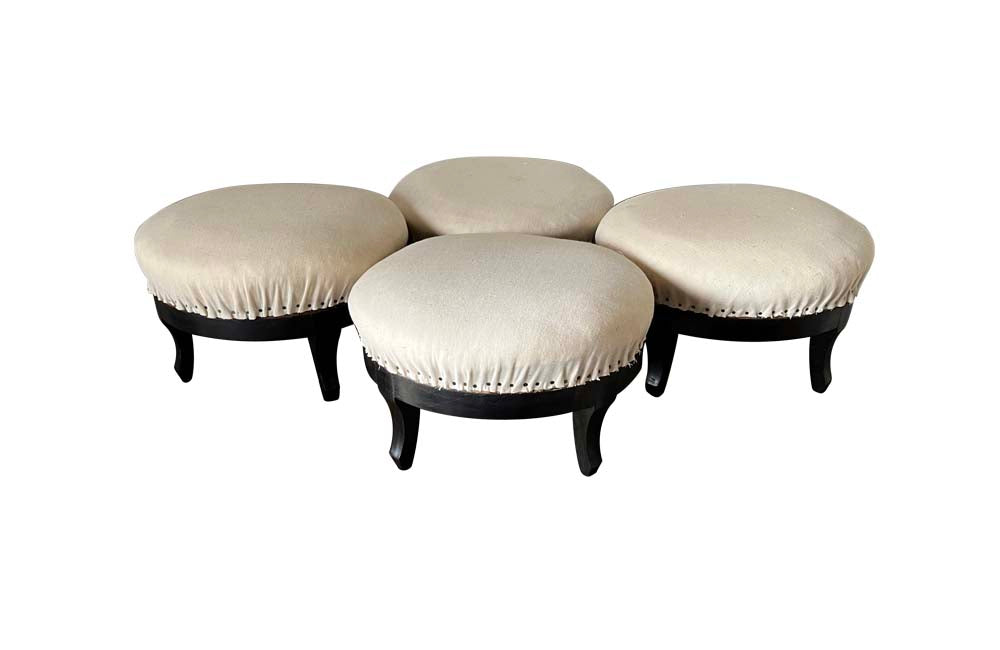 Antique Stools with ebonised feet Napoleon III antique linen upholstered tops