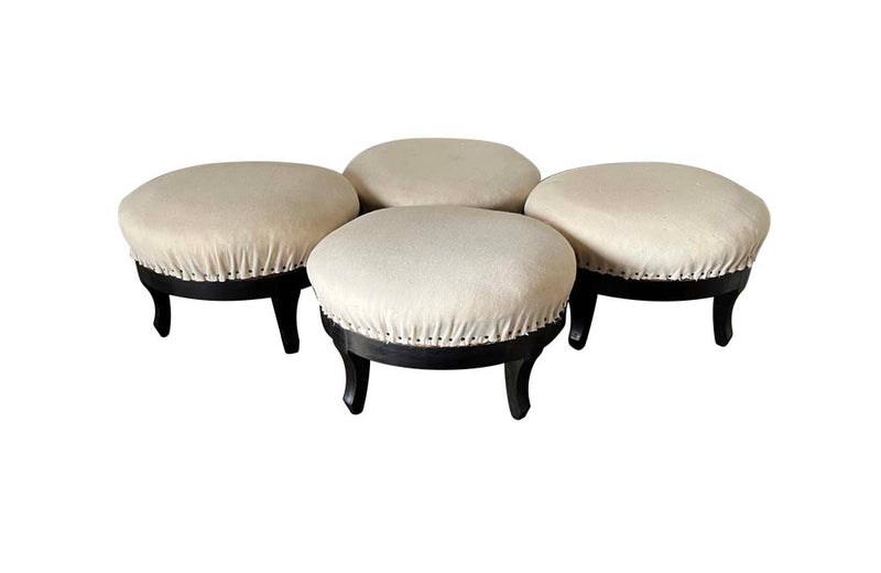 Antique Stools with ebonised feet Napoleon III antique linen upholstered tops