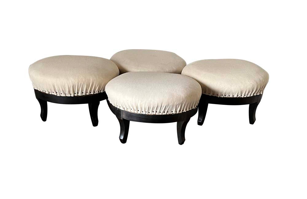 Antique Stools with ebonised feet Napoleon III antique linen upholstered tops