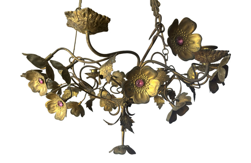 Pretty brass Ecclesiastical chandelier with bejewelled anemone flowers and six candle holders - French antiques - Antique Lighting - AD & PS Antiques