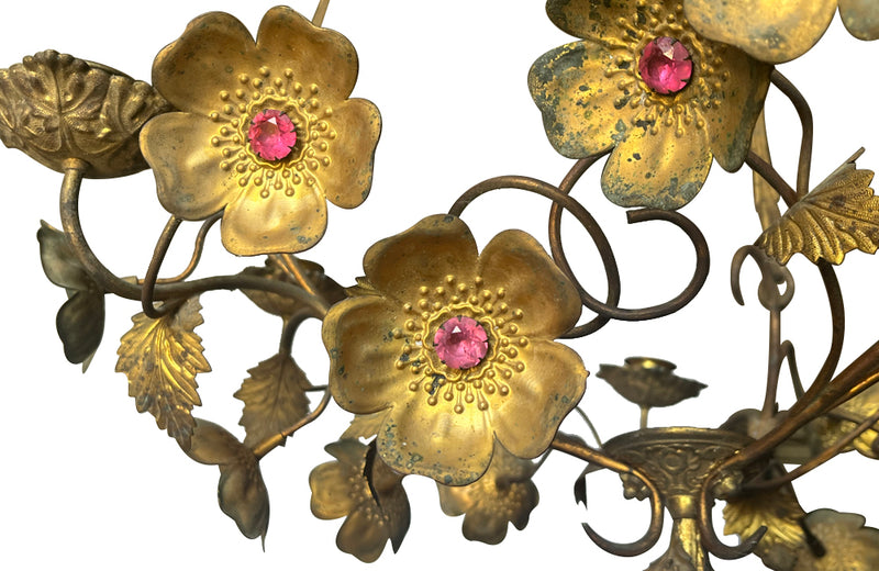 Pretty brass Ecclesiastical chandelier with bejewelled anemone flowers and six candle holders - French antiques - Antique Lighting - AD & PS Antiques