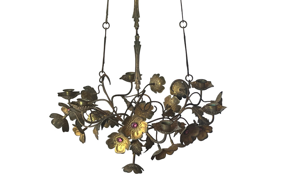 Pretty brass Ecclesiastical chandelier with bejewelled anemone flowers and six candle holders - French antiques - Antique Lighting - AD & PS Antiques