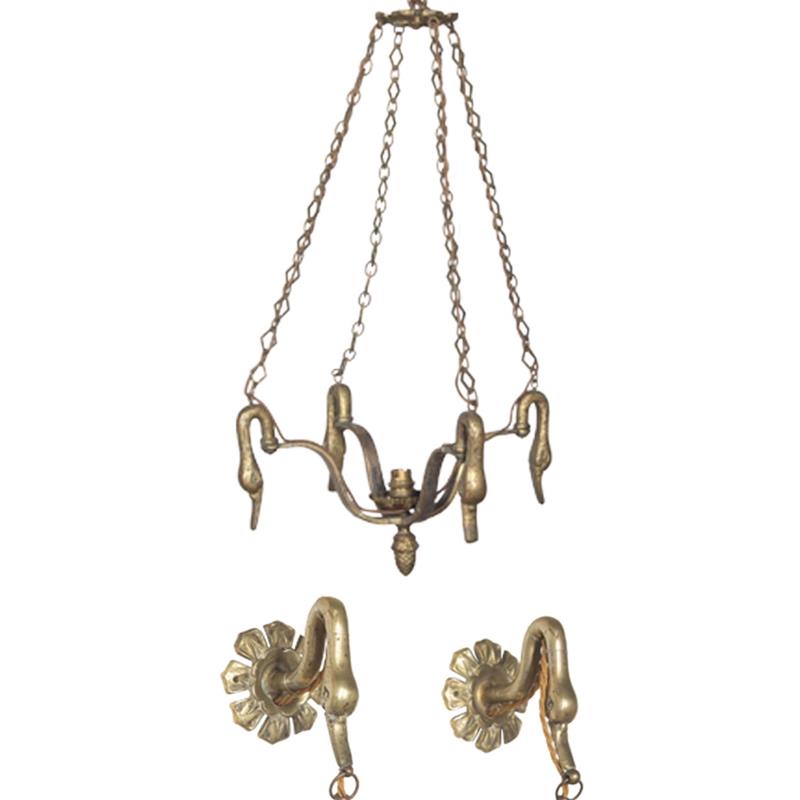19th century French Empire hanging light with its matching pair of wall sconces - French Antique Lighting - french antique chandelier
