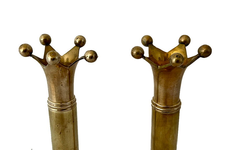 Pair of stylish brass candlesticks with candle holders in the form of crowns circa 1970