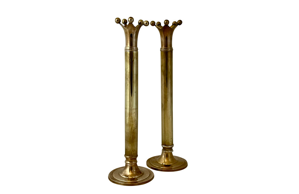 Pair of stylish brass candlesticks with candle holders in the form of crowns circa 1970