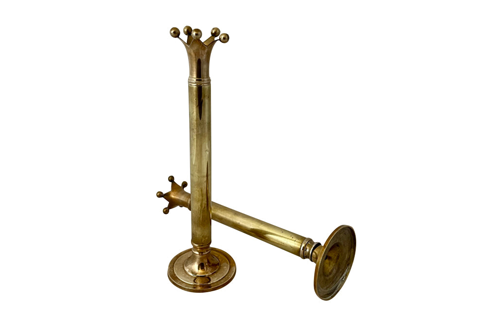 Pair of stylish brass candlesticks with candle holders in the form of crowns circa 1970