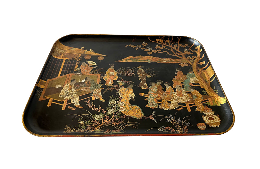 Antique Chinoiserie tray in black papier mache with a Chinese scene  