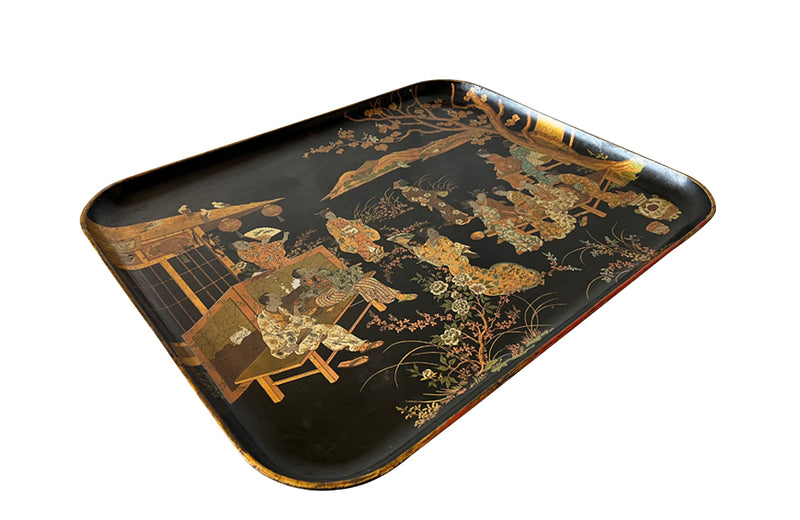 Antique Chinoiserie tray in black papier mache with a Chinese scene  