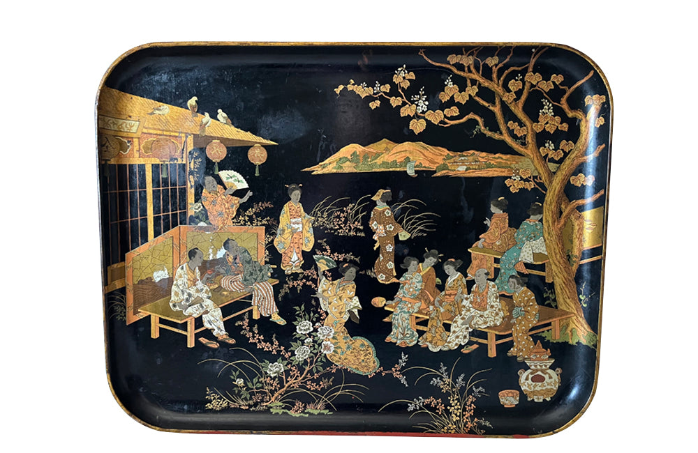 Antique Chinoiserie tray in black papier mache with a Chinese scene  