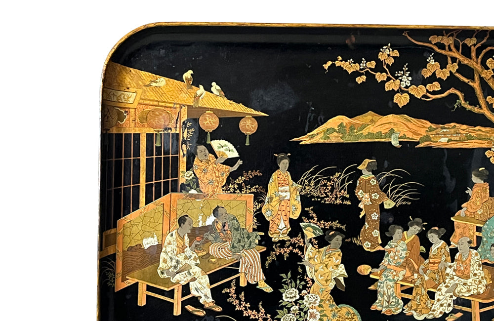 Antique Chinoiserie tray in black papier mache with a Chinese scene  