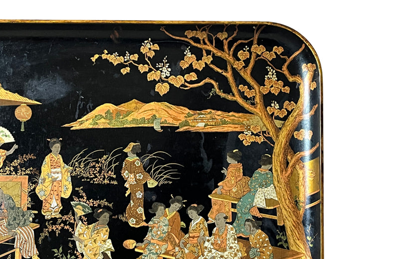 Antique Chinoiserie tray in black papier mache with a Chinese scene  