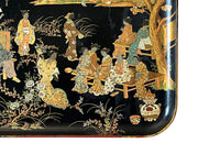 Antique Chinoiserie tray in black papier mache with a Chinese scene  