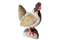 Large wooden painted rooster with Batik fabric to the wings and tail feathers