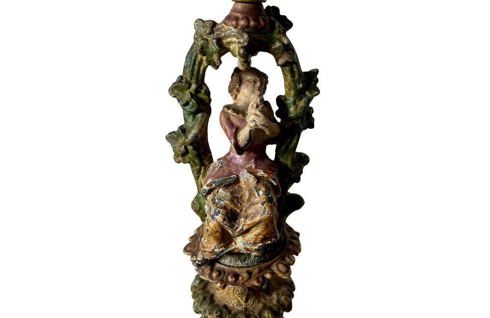 Ornate Neo-classical style french candle holders with romantic scene - antique candlesticks