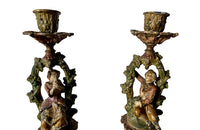 Ornate Neo-classical style french candle holders with romantic scene - antique candlesticks