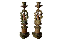 Ornate Neo-classical style french candle holders with romantic scene - antique candlesticks