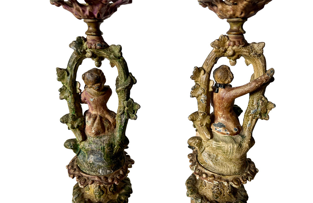 Ornate Neo-classical style french candle holders with romantic scene - antique candlesticks