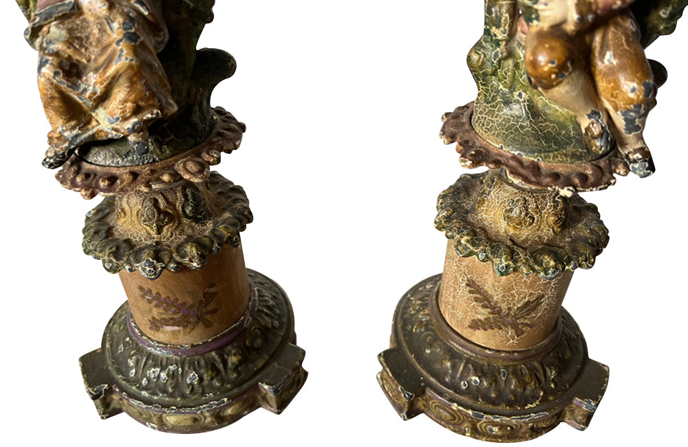 Ornate Neo-classical style french candle holders with romantic scene - antique candlesticks