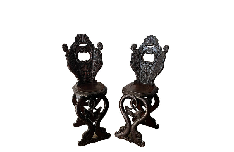 Pair of 19th century Italian scabello chairs renaissance revival - Antique Chairs