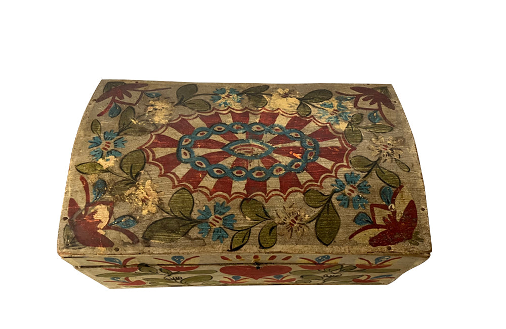 19th Century French domed painted marriage coffer decorated with a heart ,floral and foliate decoration - French Antiques