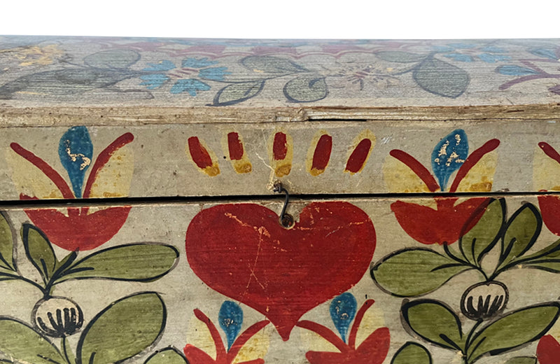 19th Century French domed painted marriage coffer decorated with a heart ,floral and foliate decoration - French Antiques