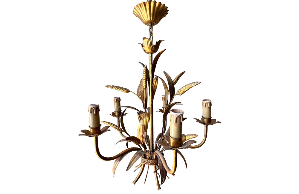 French antique chandelier in a wheatsheaf design in gilt tole 