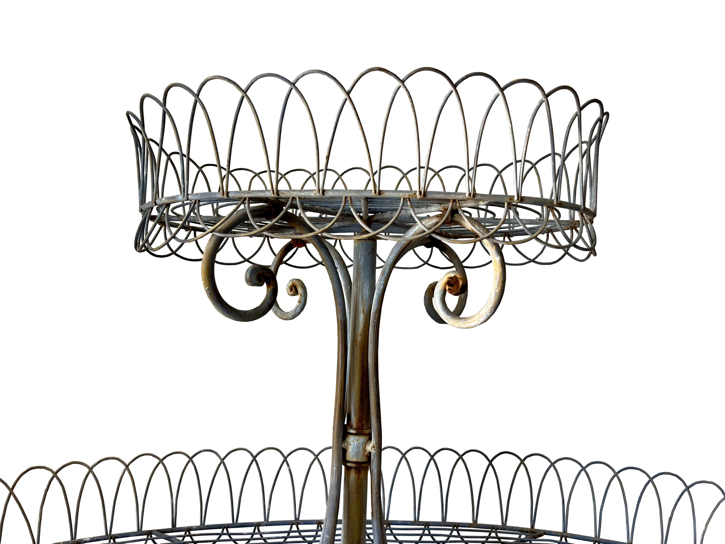 Large French iron wirework florists plant stand with three tiers.