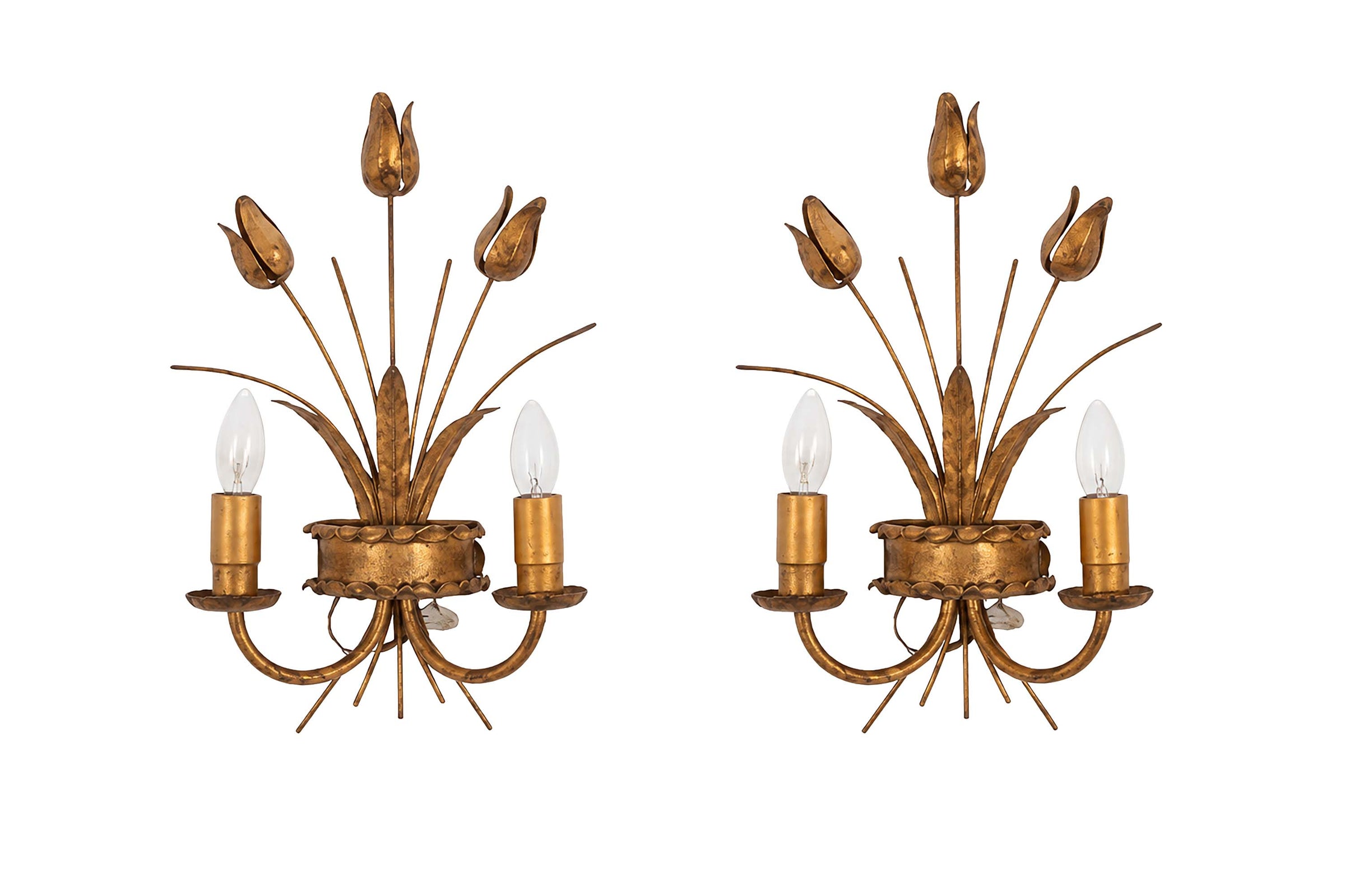 Stylish Spanish gilt metal tulip wall sconces date to the mid 20th century