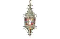 FRENCH IRON AND STAINED GLASS LANTERN